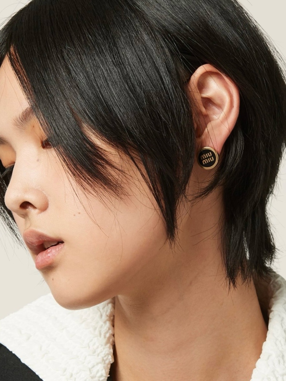 Miu Miu Black and Gold Logo Disc Stud Earrings